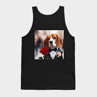 Beagle dog wearing formal wear tuxedo with red rose outdoors Tank Top